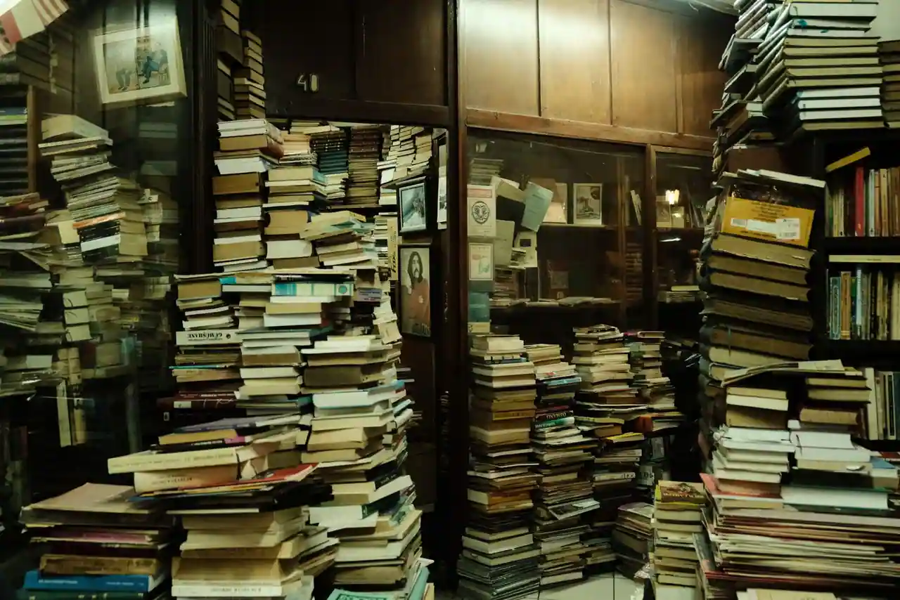Librairie ancienne aux étagères chargées et hautes piles de livres