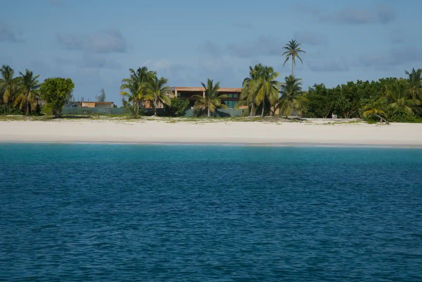 Villa et plage bordées de palmiers sur une île tropicale, décor évoquant une télé-réalité estivale.