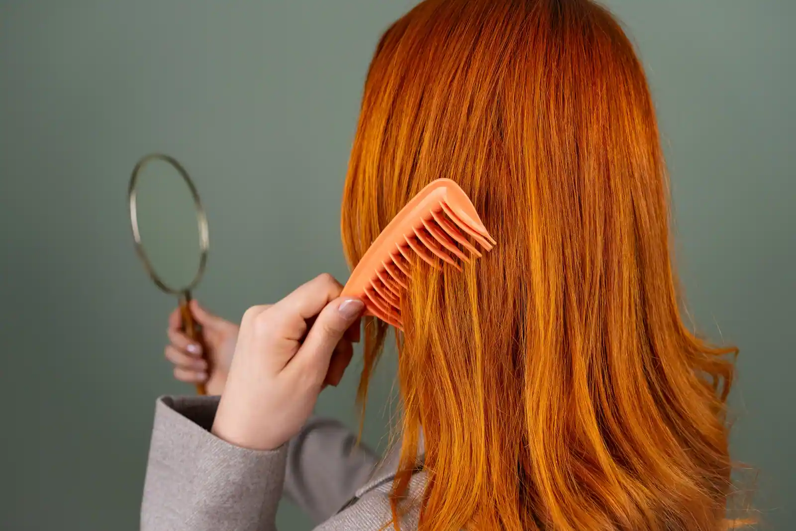 Femme aux longs cheveux roux cuivrés brillants, coiffés au peigne devant un miroir.